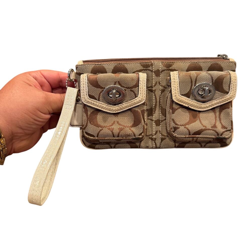 Coach Brown Signature Canvas Wristlet with White.